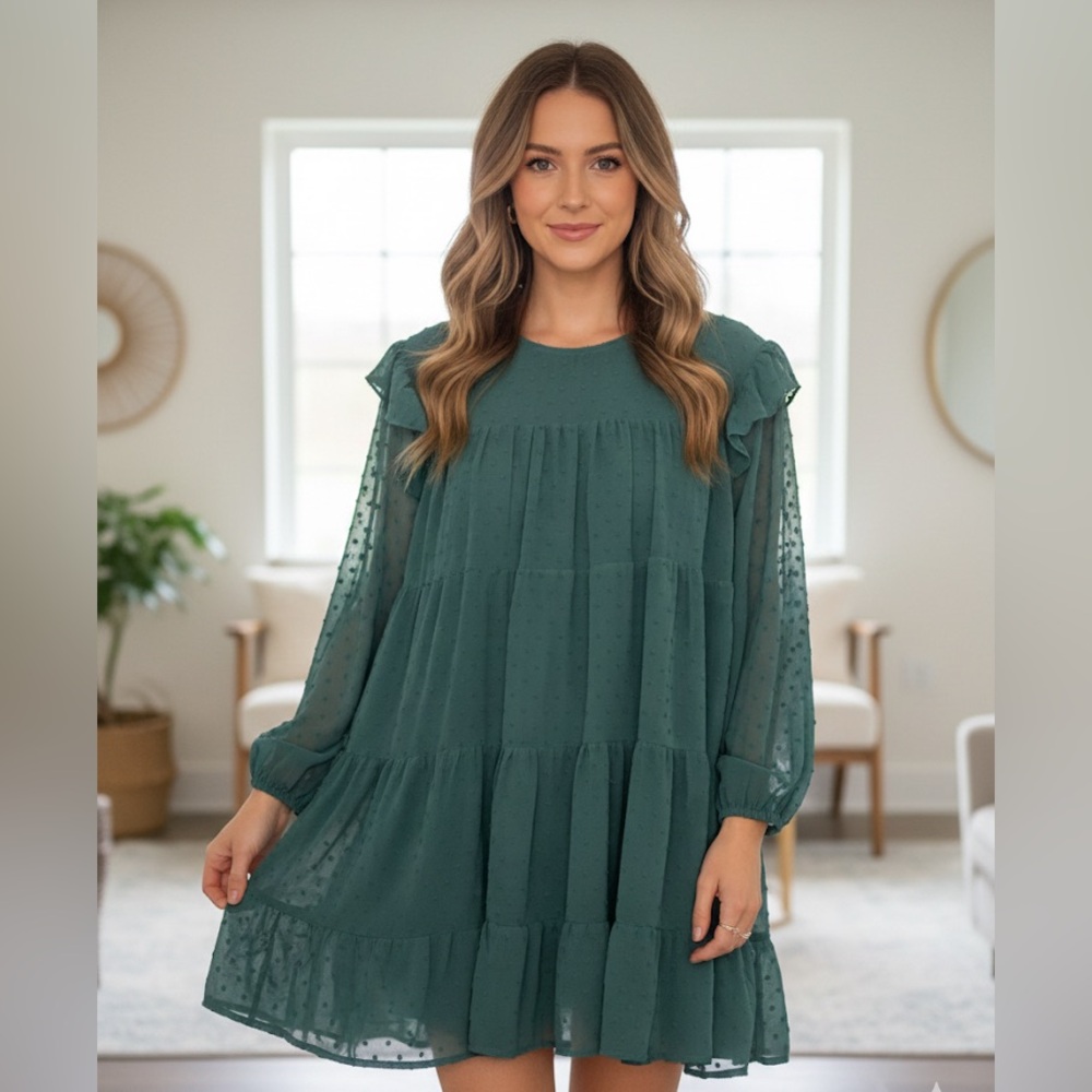 The Impeccable Pig | Hunter Green Swiss Dot Tiered Mini Dress | Small